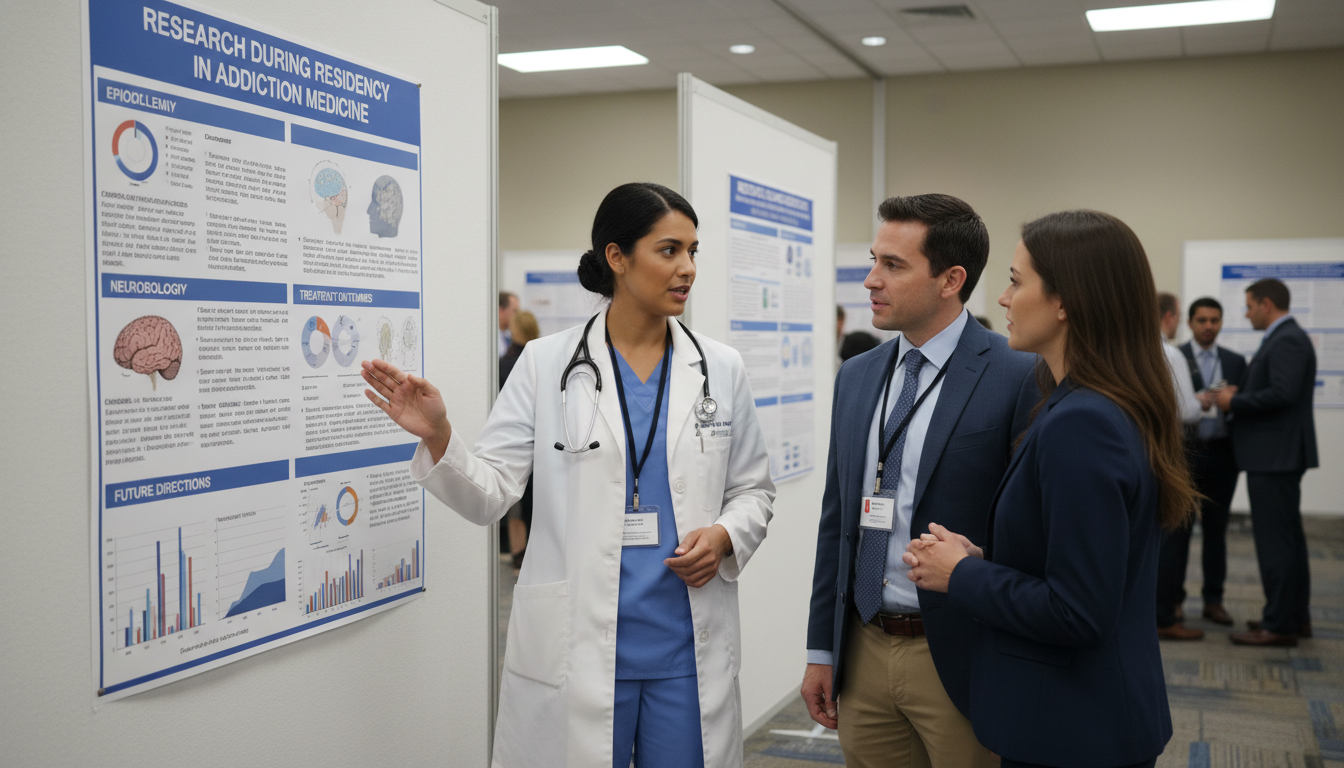 Resident presenting addiction medicine research poster at a conference - addiction medicine fellowship for Research During Re