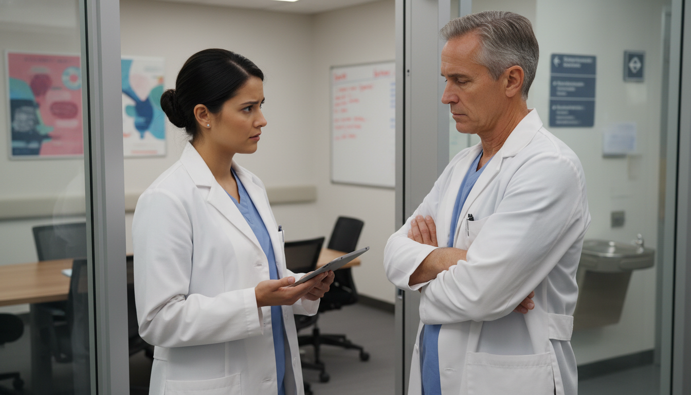 Addiction medicine resident quietly speaking with a senior fellow about program turnover Addiction medicine resident quietly speaking with a senior fellow about program turnover - addiction medicine fellowship for