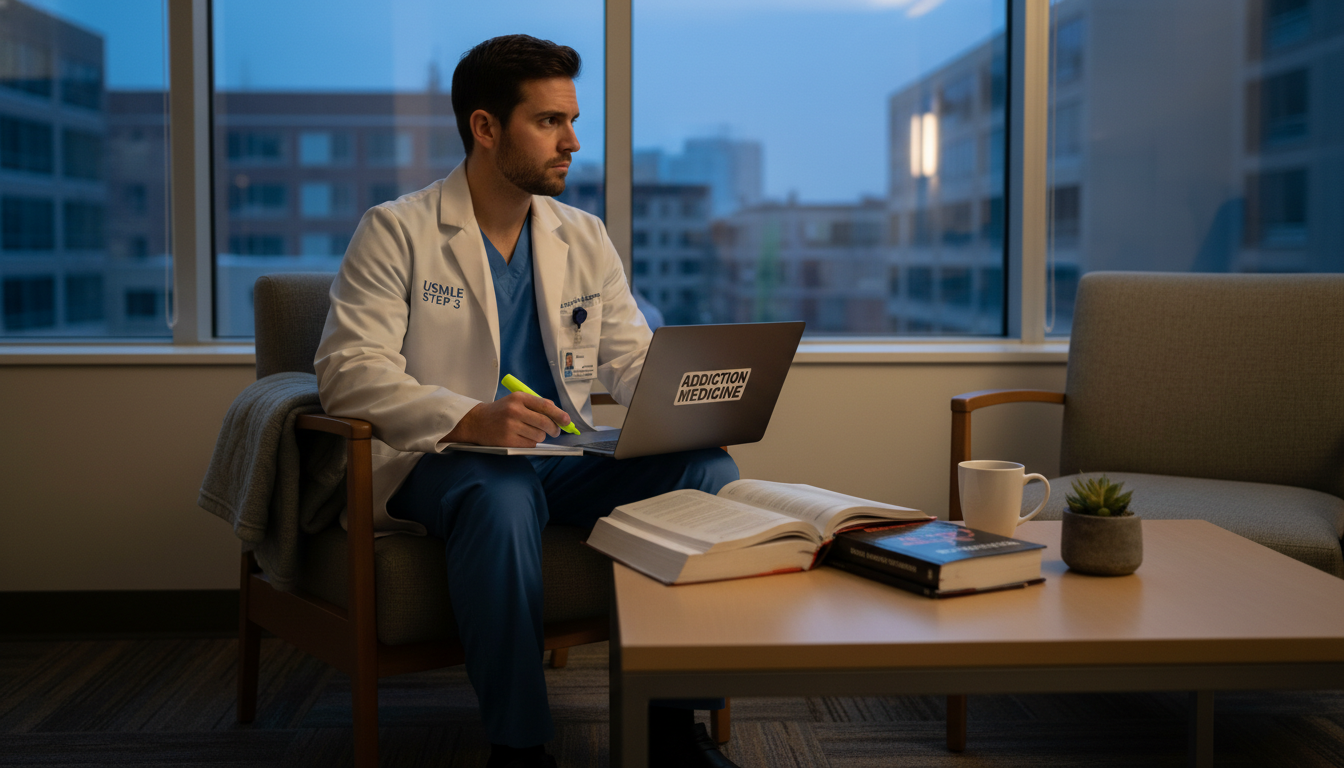 Resident taking a break from studying, reflecting on work-life balance Resident taking a break from studying, reflecting on work-life balance - addiction medicine fellowship for USMLE Step 3 Prepa