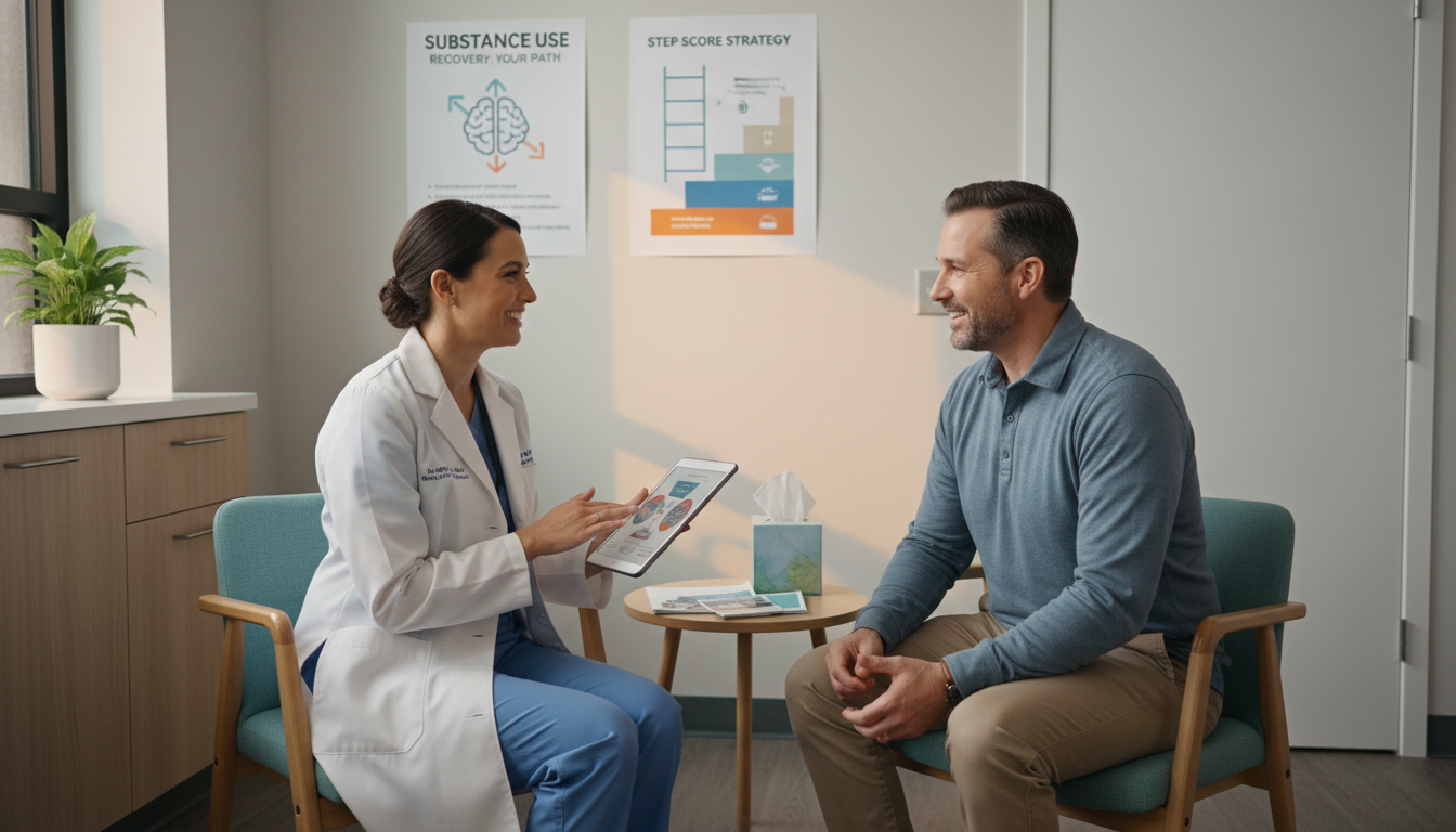 Resident physician working with a patient in an addiction medicine clinic - addiction medicine fellowship for Step Score Stra