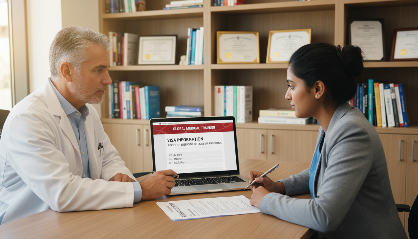 Mentor and international medical graduate discussing addiction medicine career and visa strategy Mentor and international medical graduate discussing addiction medicine career and visa strategy - addiction medicine fellows