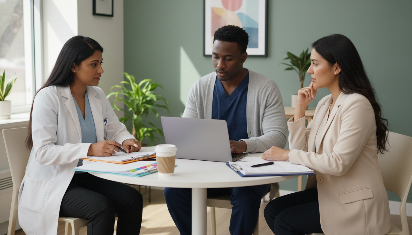 Addiction medicine team collaborating in outpatient clinic Addiction medicine team collaborating in outpatient clinic - addiction medicine fellowship for Work-Life Balance Assessment i