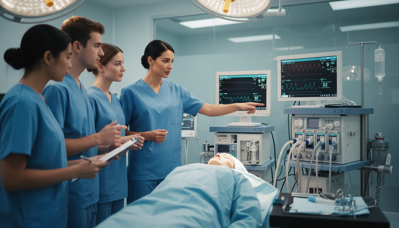Anesthesiologist teaching residents in an operating room at an academic hospital Anesthesiologist teaching residents in an operating room at an academic hospital - anesthesiology residency for Academic vs P
