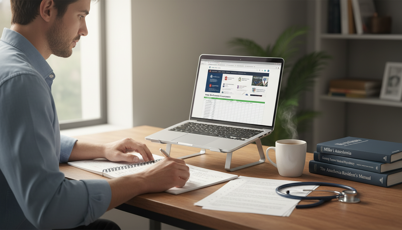 Medical student comparing anesthesiology residency programs on laptop Medical student comparing anesthesiology residency programs on laptop - anesthesiology residency for Away Rotation Strategy i