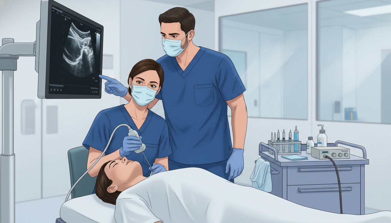 Anesthesiology fellow performing an ultrasound-guided nerve block Anesthesiology fellow performing an ultrasound-guided nerve block - anesthesiology residency for Fellowship Preparation in An