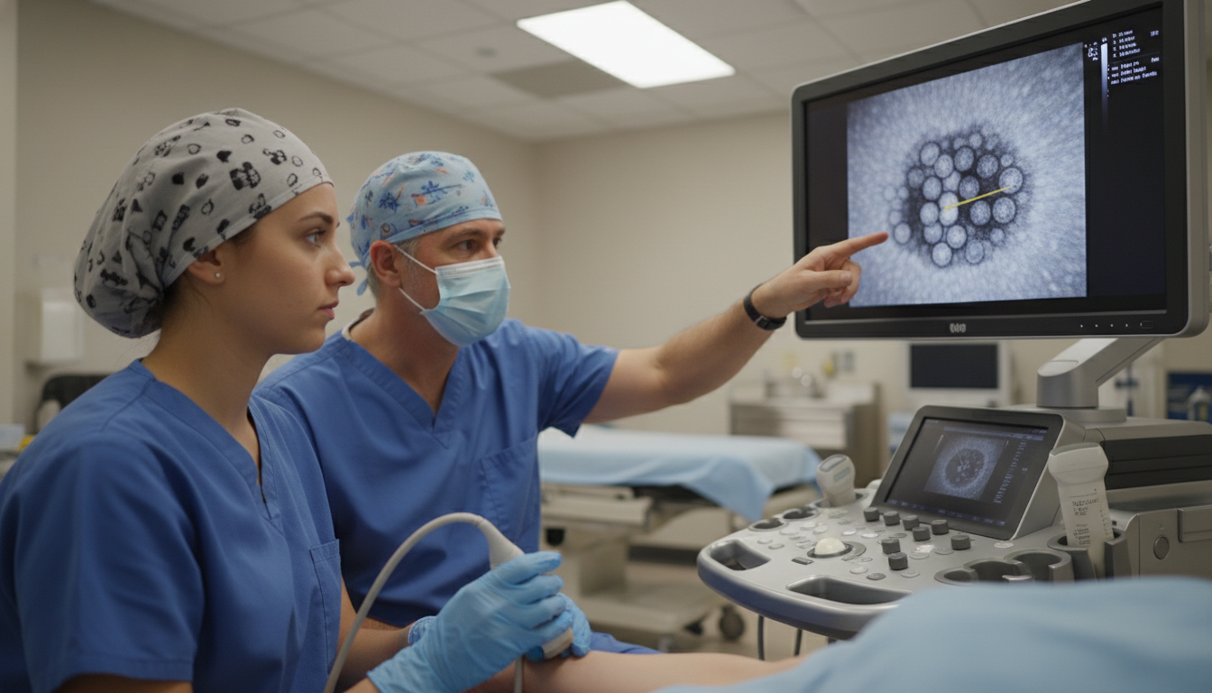 Anesthesiology fellow performing ultrasound-guided regional block under faculty supervision - anesthesiology residency for Ev