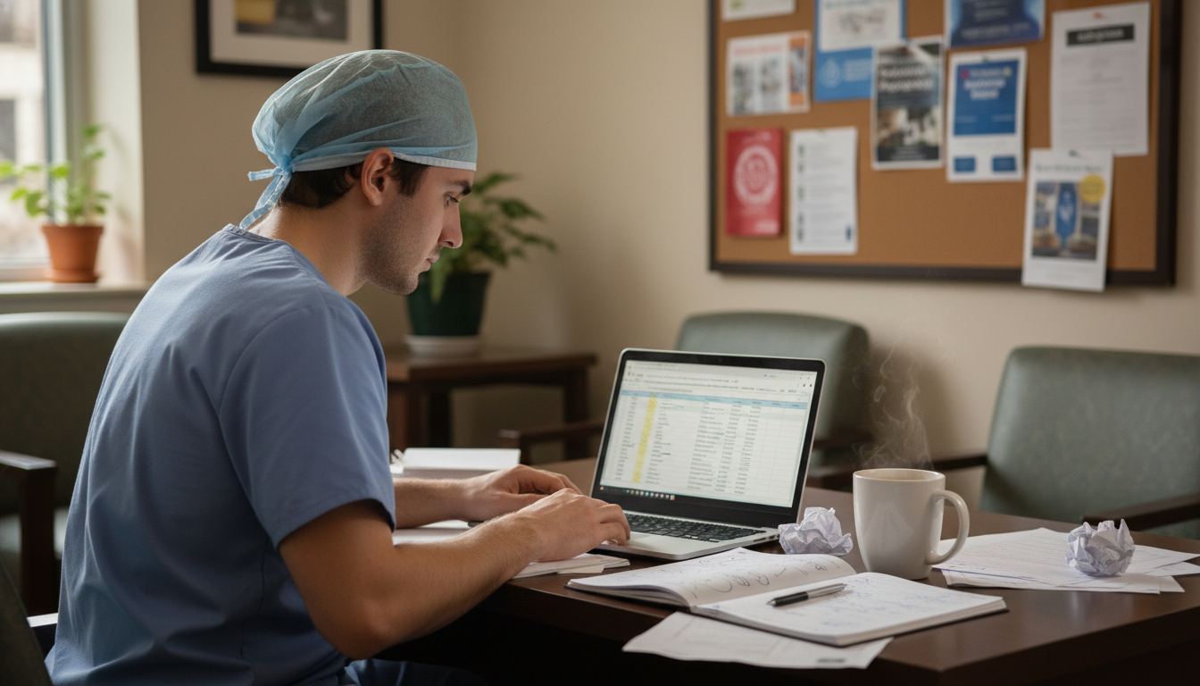 Anesthesiology resident comparing fellowship program options on laptop with notes - anesthesiology residency for Evaluating F