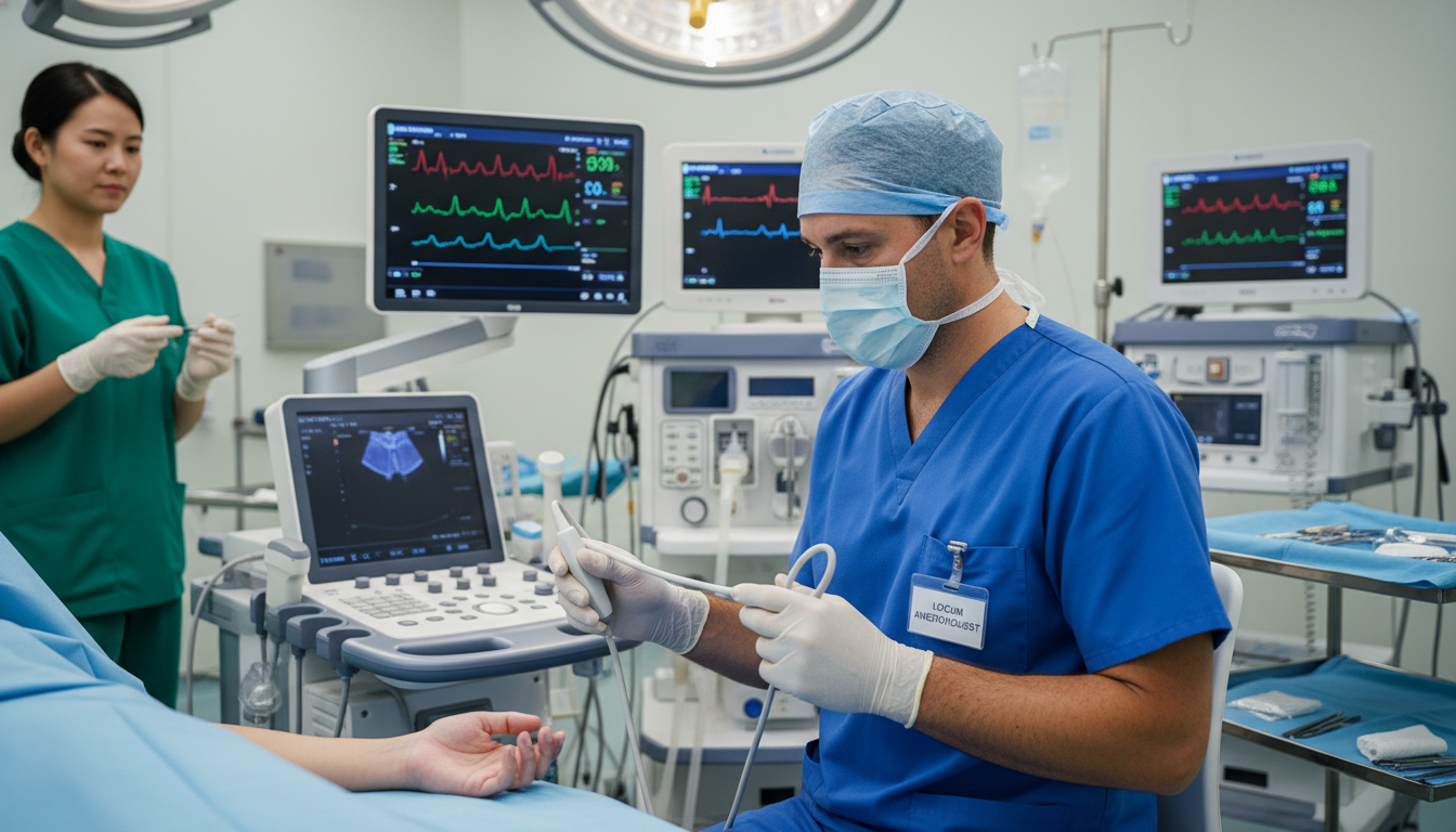 Anesthesiologist performing regional block in operating room during locum assignment - anesthesiology residency for Locum Ten
