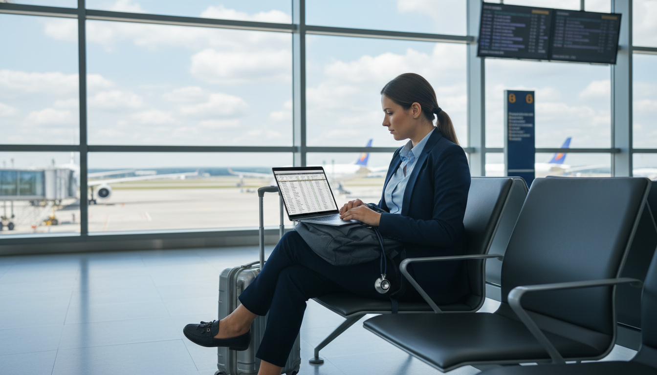 Traveling anesthesiologist in airport between locum tenens assignments - anesthesiology residency for Locum Tenens Opportunit