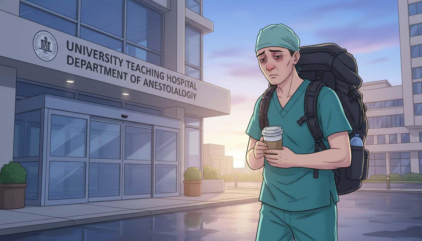 Tired anesthesiology resident leaving the hospital at dawn after overnight call Tired anesthesiology resident leaving the hospital at dawn after overnight call - anesthesiology residency for Identifying Ma