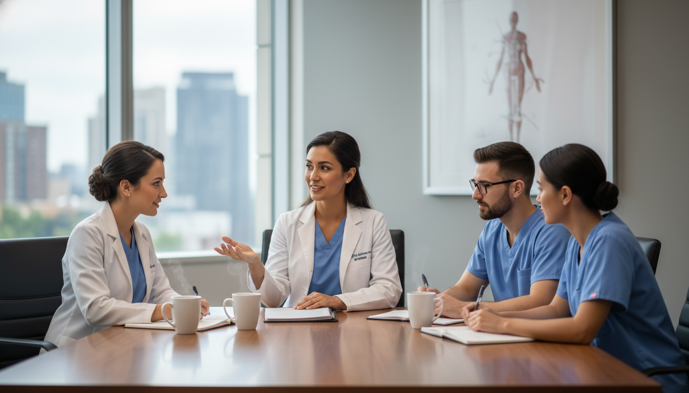 Anesthesiology residents in a wellness debrief meeting with faculty support Anesthesiology residents in a wellness debrief meeting with faculty support - anesthesiology residency for Identifying Malign
