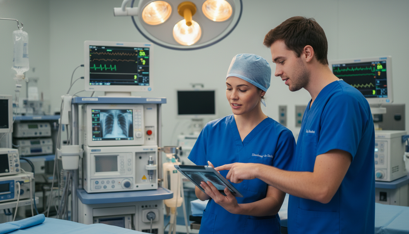 Anesthesiology resident and medical student discussing a case in the operating room Anesthesiology resident and medical student discussing a case in the operating room - anesthesiology residency for Networking
