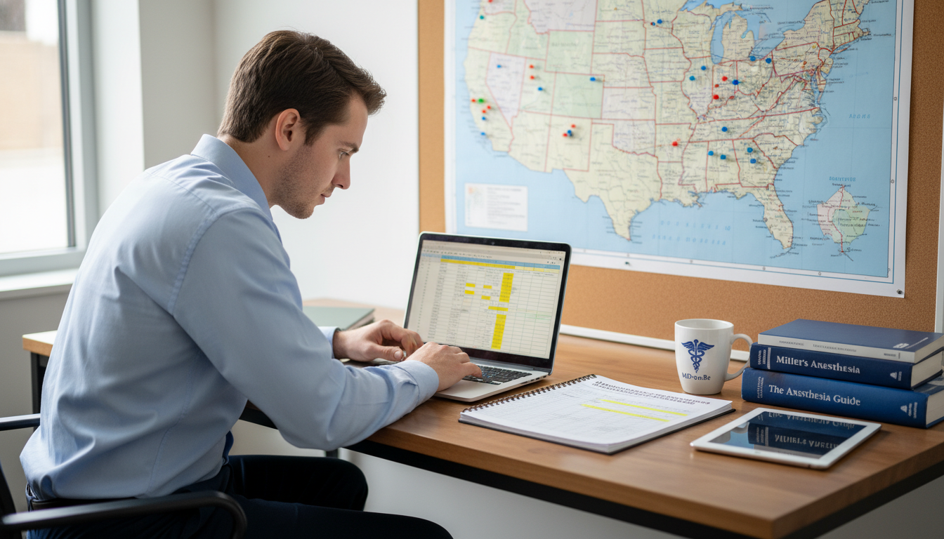 Medical student planning anesthesiology residency applications with map and laptop - anesthesiology residency for Program Sel