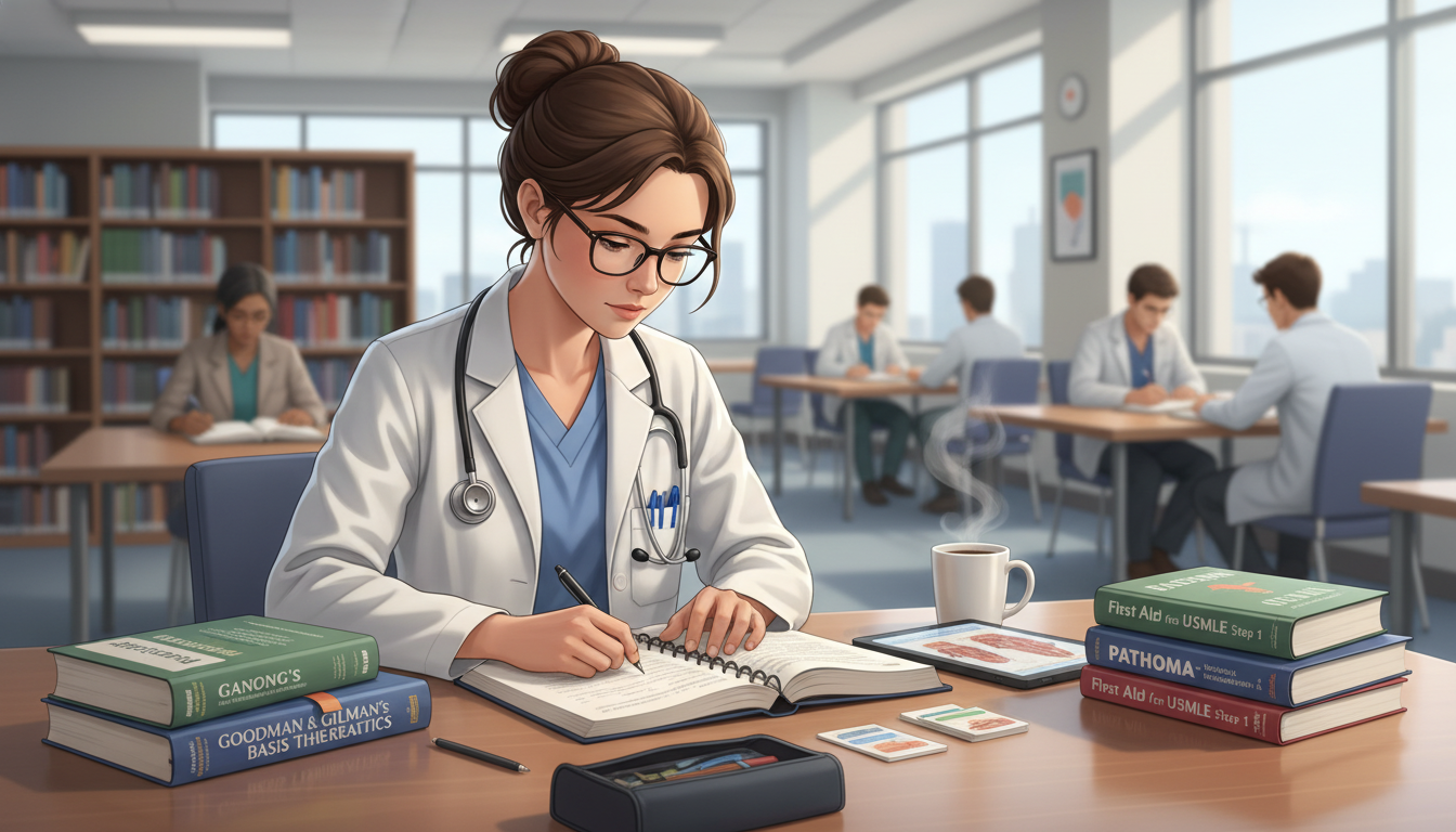 Medical student in hospital library referencing anesthesiology texts while preparing for USMLE Step 1 - anesthesiology reside