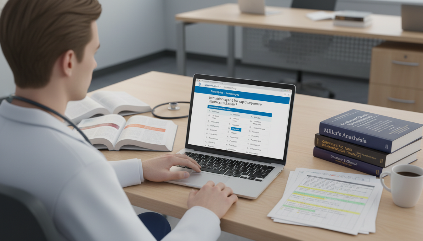 Resident physician studying Step 2 CK materials while reviewing anesthesiology resources - anesthesiology residency for Step