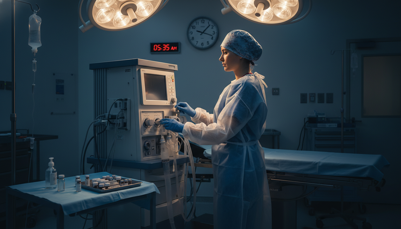 Anesthesiology resident during an early morning OR setup Anesthesiology resident during an early morning OR setup - anesthesiology residency for Work-Life Balance Assessment in Anest