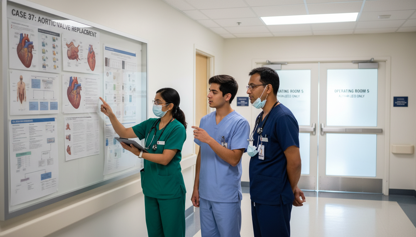 Medical student talking with cardiothoracic attending and resident outside an operating room Medical student talking with cardiothoracic attending and resident outside an operating room - cardiothoracic surgery residen