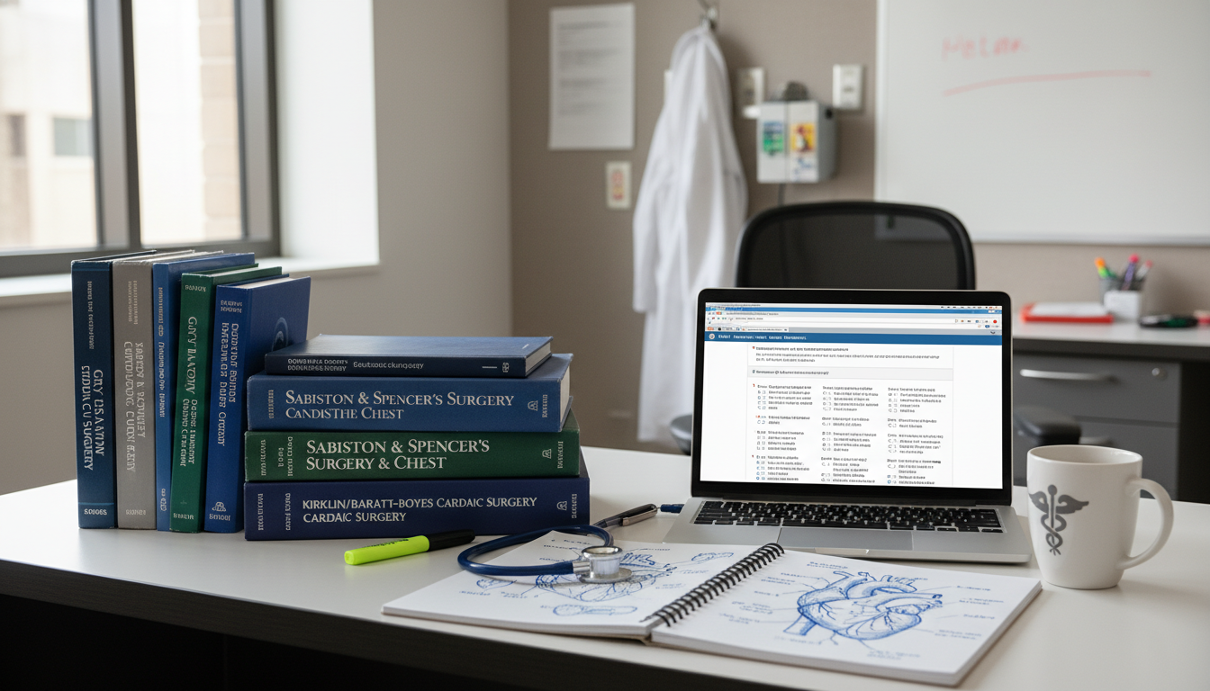 Cardiothoracic surgery textbooks and digital resources on a resident’s desk - cardiothoracic surgery residency for Board Exam
