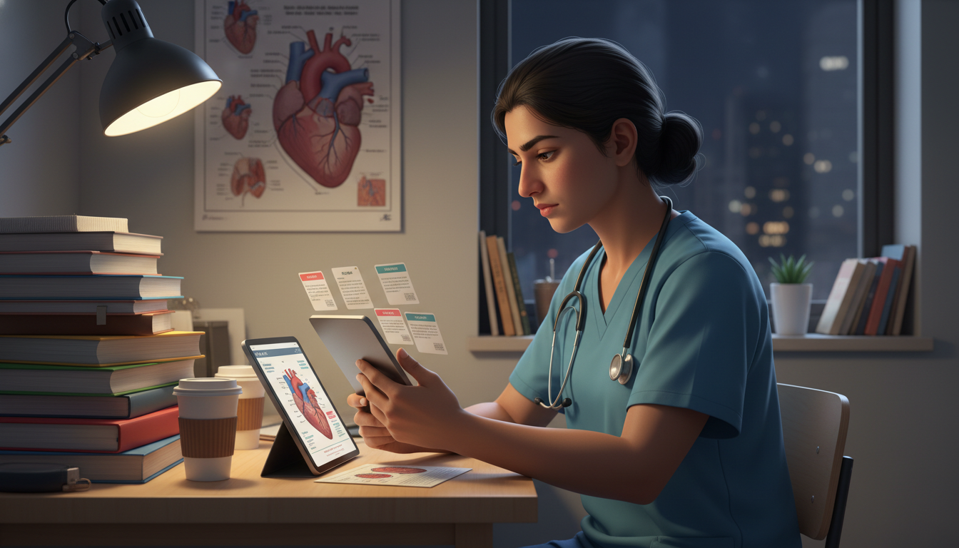 Cardiothoracic surgery resident using spaced repetition flashcards at night - cardiothoracic surgery residency for Board Exam