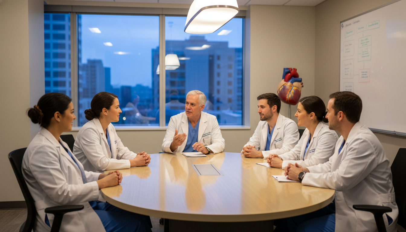 Cardiothoracic residents debriefing together in a conference room - cardiothoracic surgery residency for Residency Burnout Pr