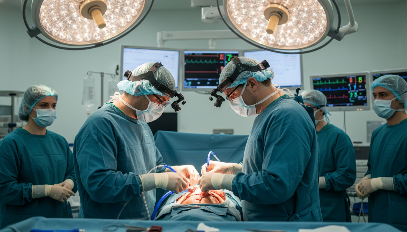 Cardiothoracic surgical team in the operating room with resident at the table - cardiothoracic surgery residency for Residenc