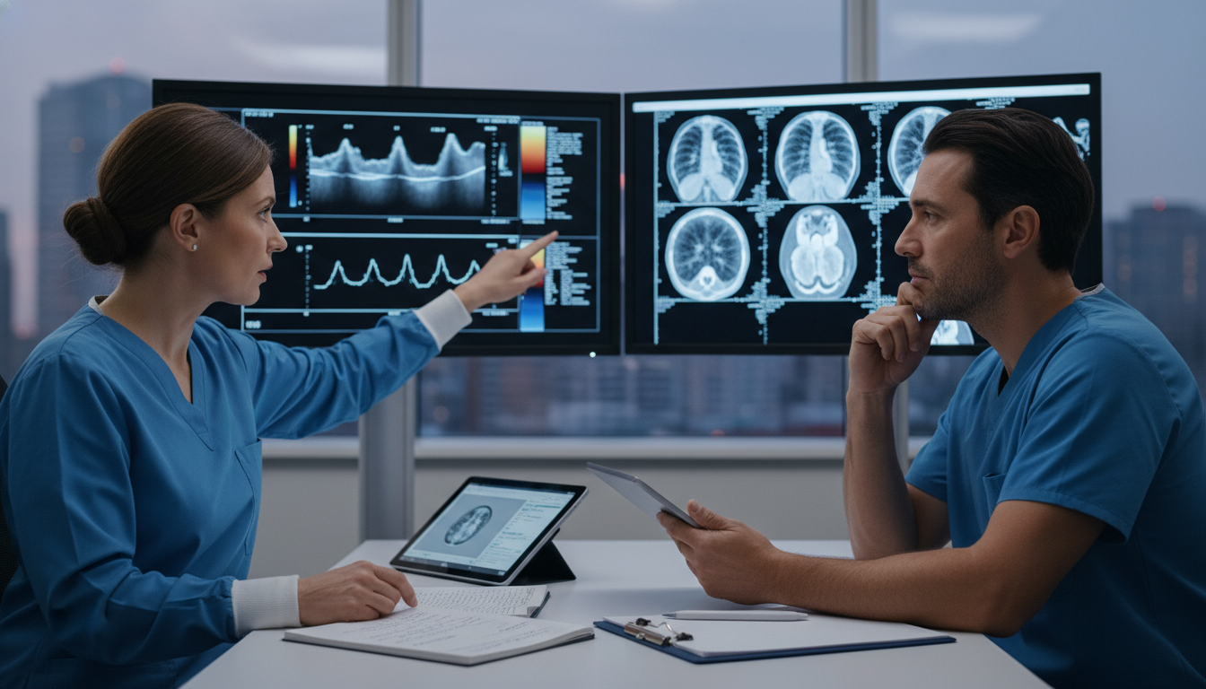 Surgical resident and attending discussing cardiac imaging Surgical resident and attending discussing cardiac imaging - cardiothoracic surgery residency for Choosing a Medical Specialt