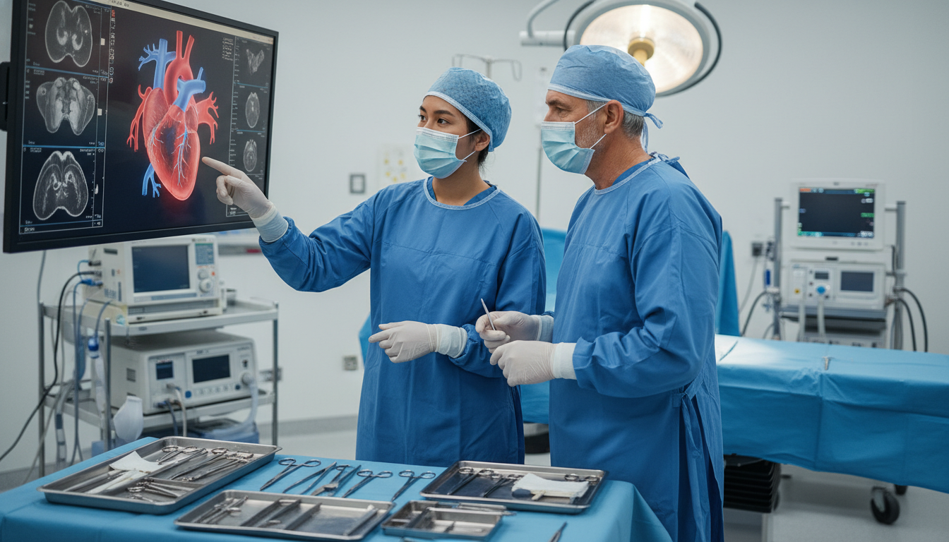 Surgical resident in operating room discussing heart surgery case with attending Surgical resident in operating room discussing heart surgery case with attending - cardiothoracic surgery residency for Faile