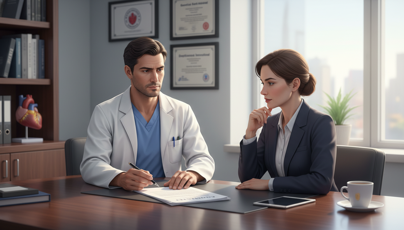 Cardiothoracic surgeon reviewing a job contract with a recruiter - cardiothoracic surgery residency for Job Search Timing in