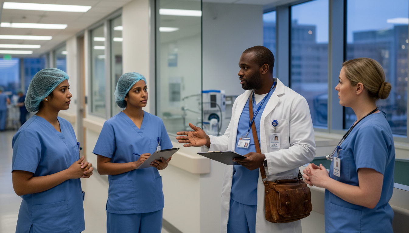 Cardiothoracic surgeon speaking with hospital staff at a temporary assignment Cardiothoracic surgeon speaking with hospital staff at a temporary assignment - cardiothoracic surgery residency for Locum Te