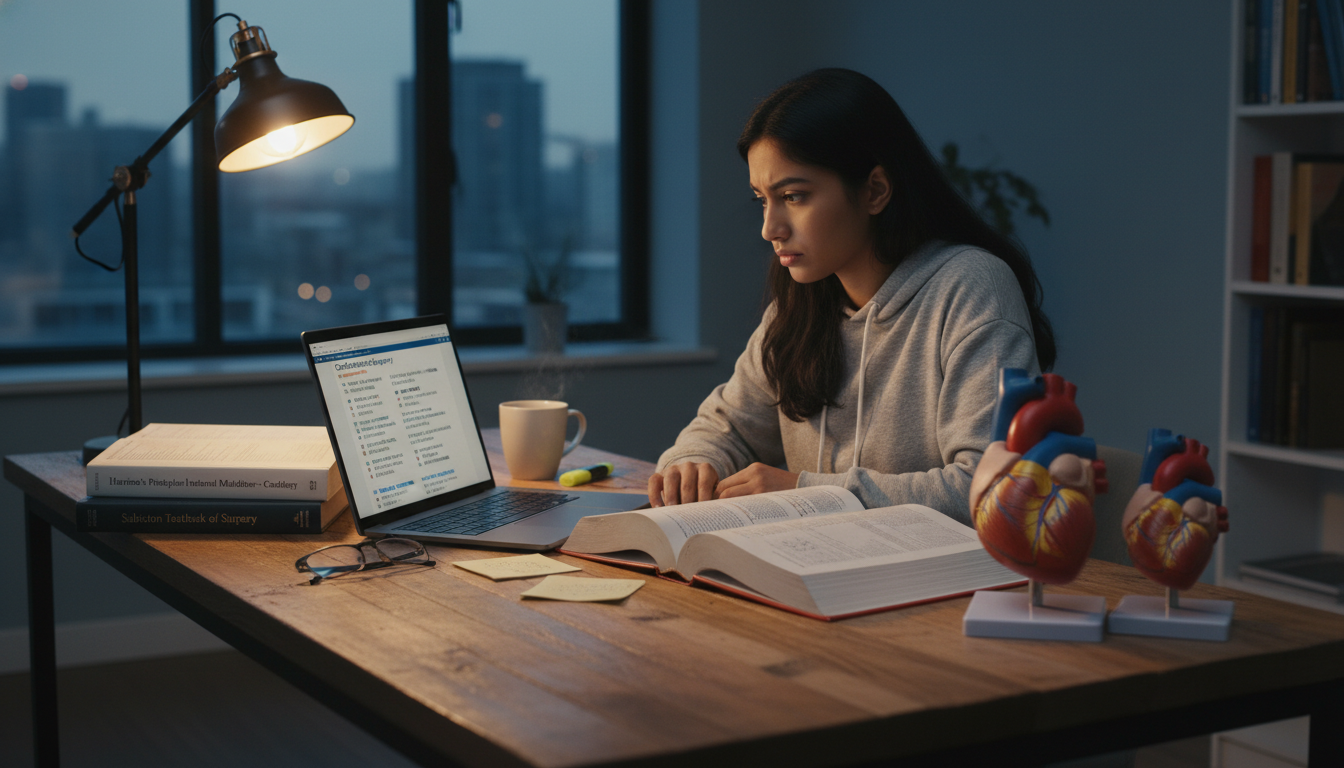 Medical student studying cardiac surgery with exam prep materials - cardiothoracic surgery residency for Low Step Score Strat