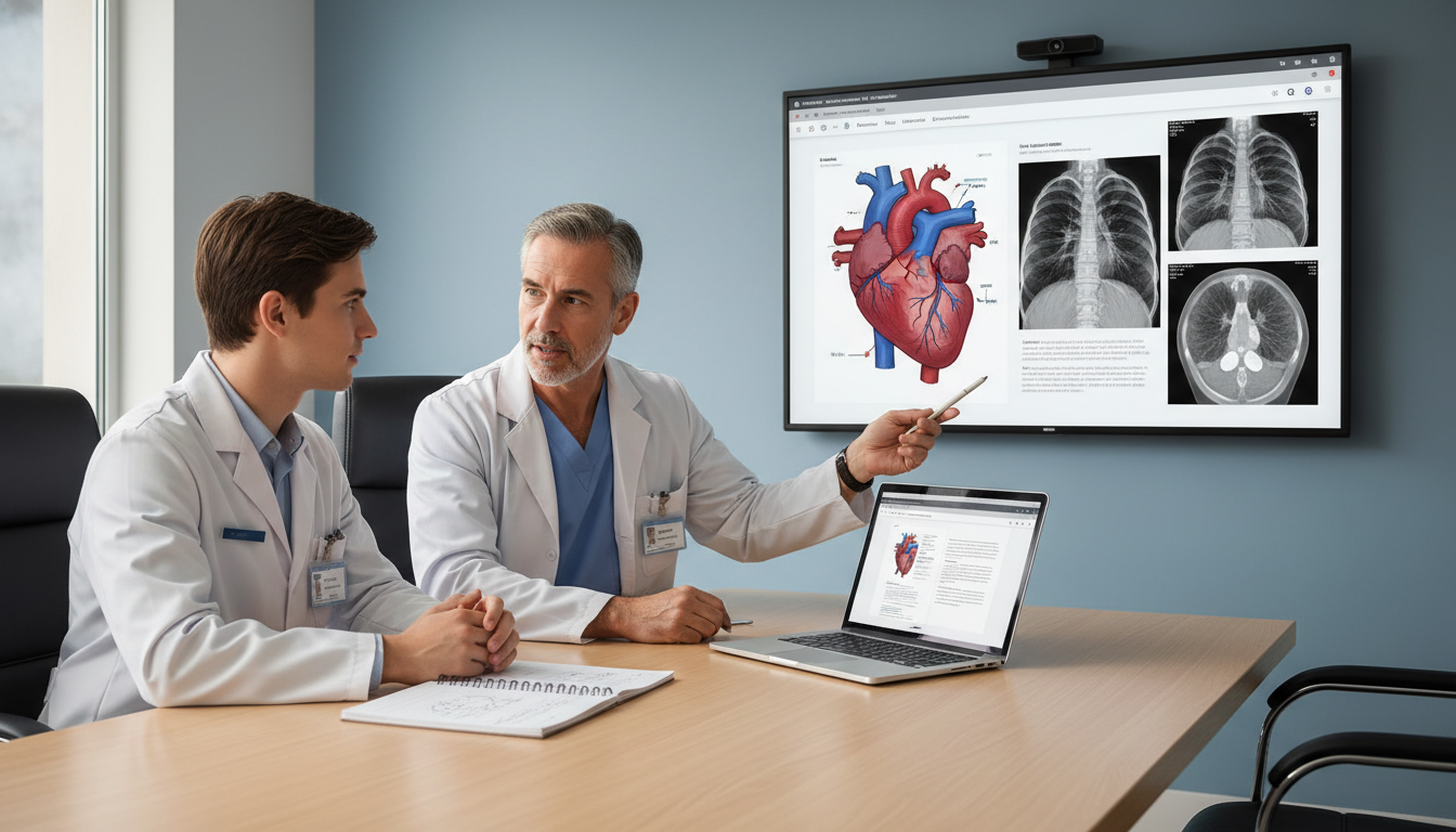 Medical student talking with cardiothoracic surgery mentor in a hospital conference room Medical student talking with cardiothoracic surgery mentor in a hospital conference room - cardiothoracic surgery residency f