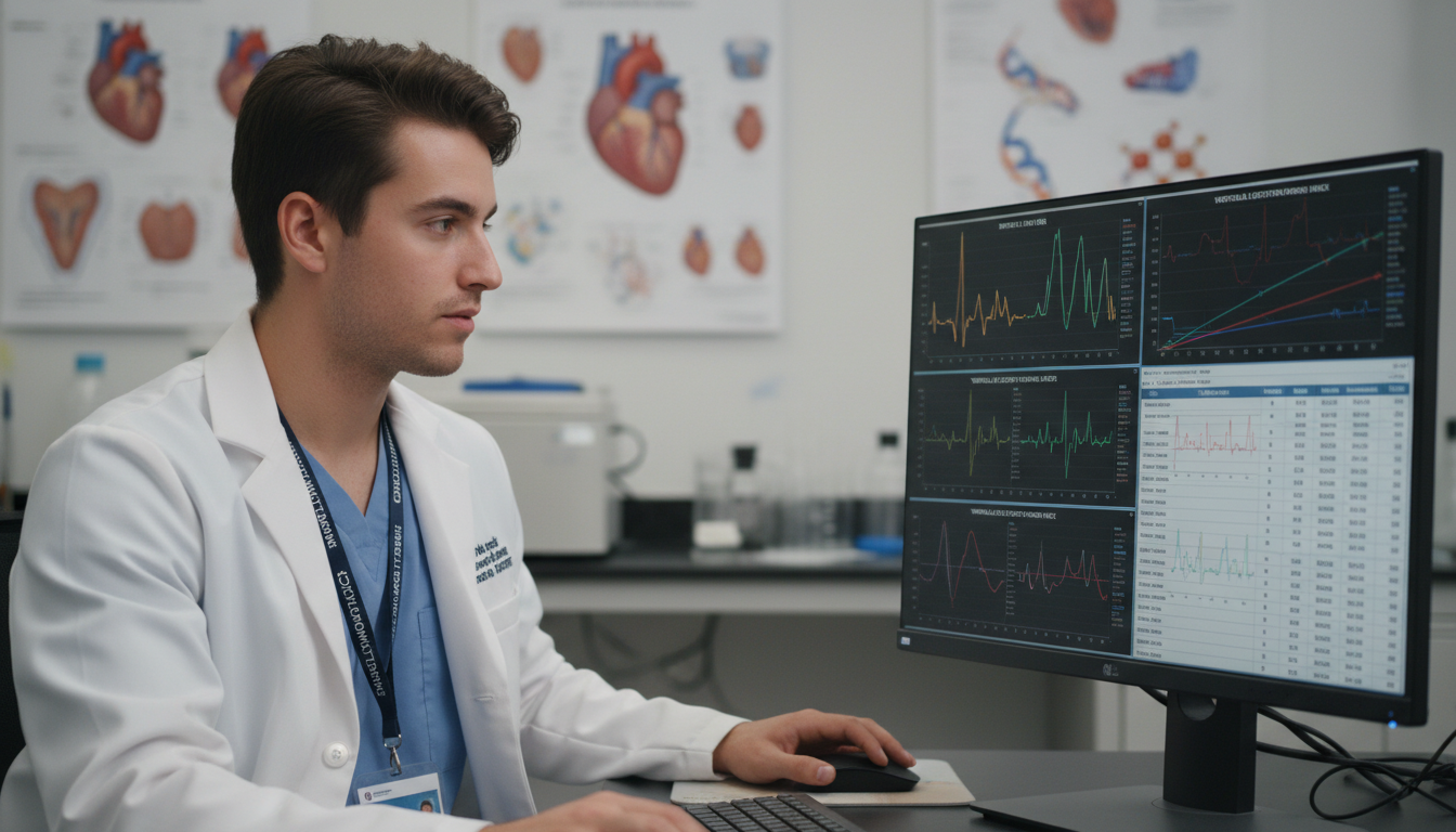 Premed student engaged in cardiovascular research on a computer Premed student engaged in cardiovascular research on a computer - cardiothoracic surgery residency for Pre-Med Preparation in