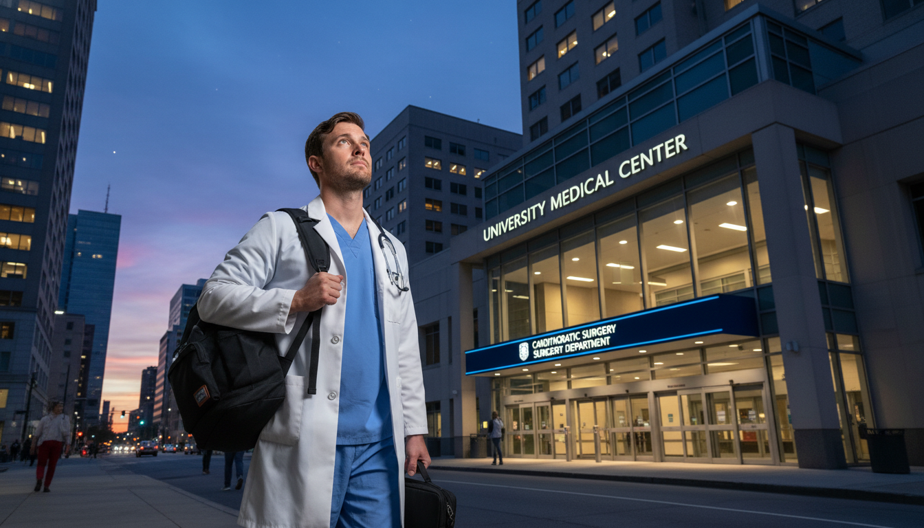 Cardiothoracic surgery resident leaving hospital at dusk Cardiothoracic surgery resident leaving hospital at dusk - cardiothoracic surgery residency for Work-Life Balance Assessment