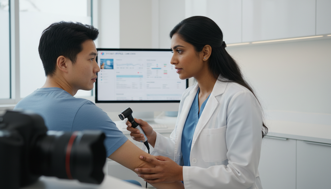 Dermatologist examining a patient in clinic Dermatologist examining a patient in clinic - dermatology residency for Academic vs Private Practice in Dermatology: A Compre