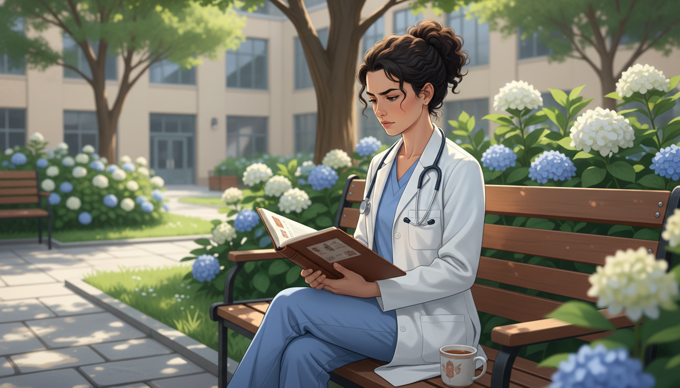 Dermatology resident taking a reflective break in a quiet hospital courtyard Dermatology resident taking a reflective break in a quiet hospital courtyard - dermatology residency for Residency Burnout Pr