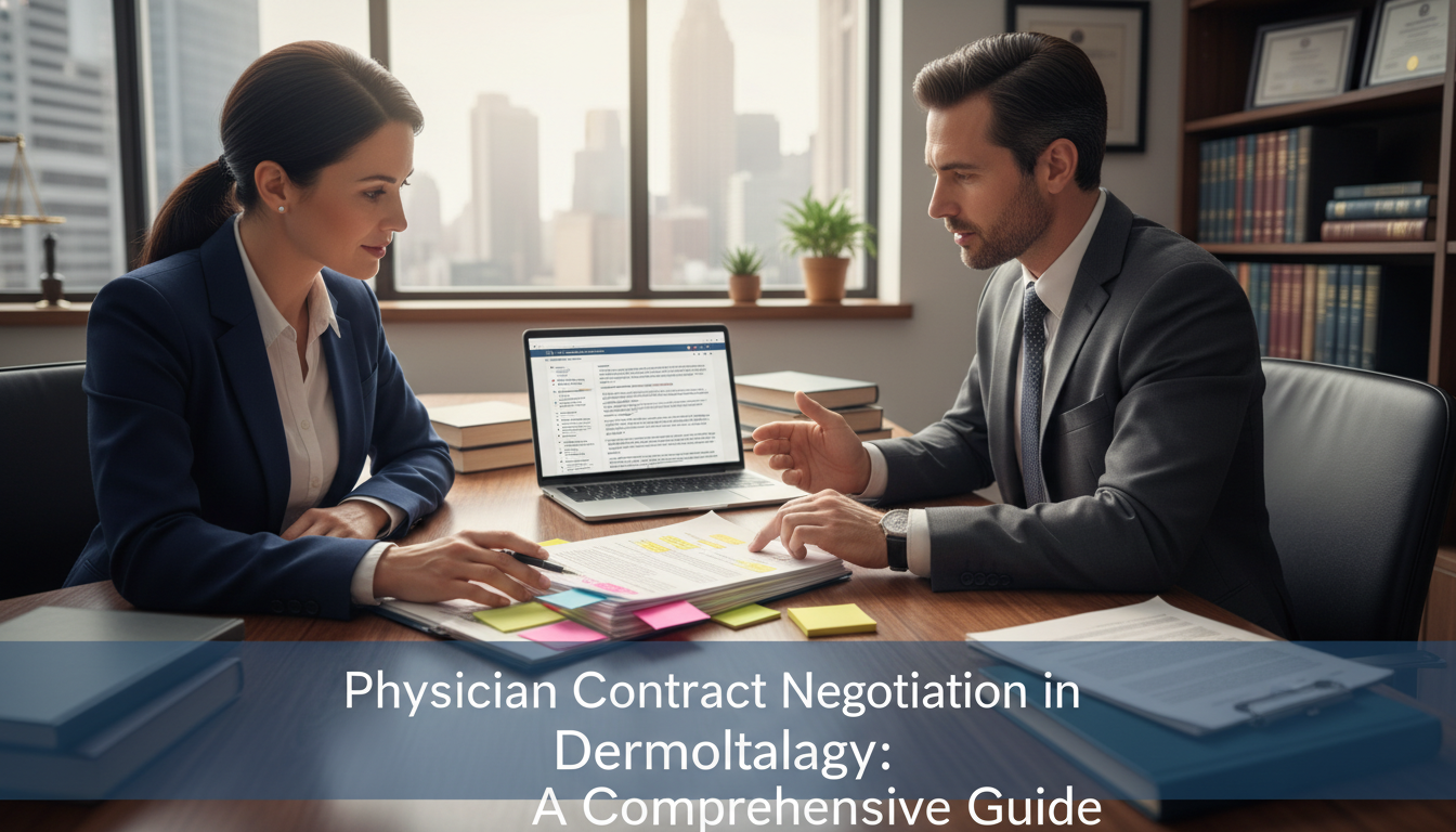 Dermatology physician and attorney reviewing contract terms Dermatology physician and attorney reviewing contract terms - dermatology residency for Physician Contract Negotiation in Der
