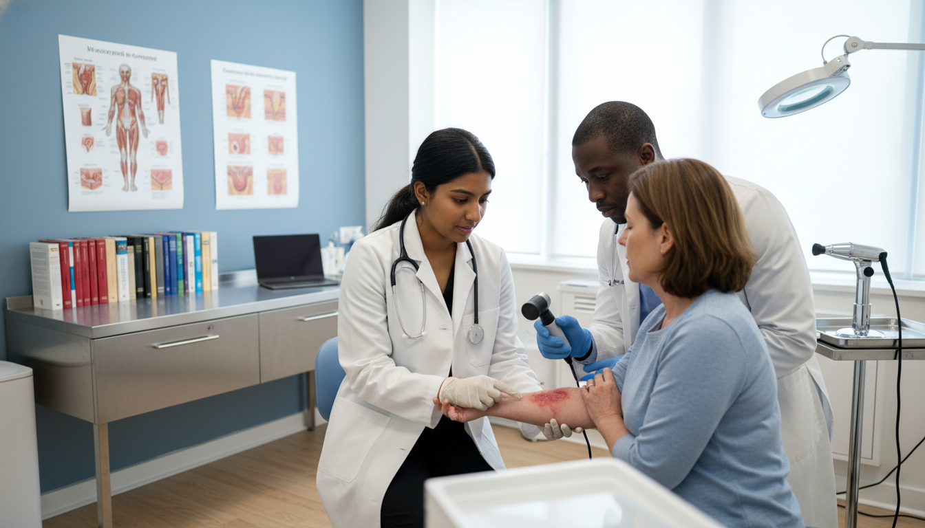 Medical student examining a dermatology case in clinic - dermatology residency for Low Step Score Strategies in Dermatology: