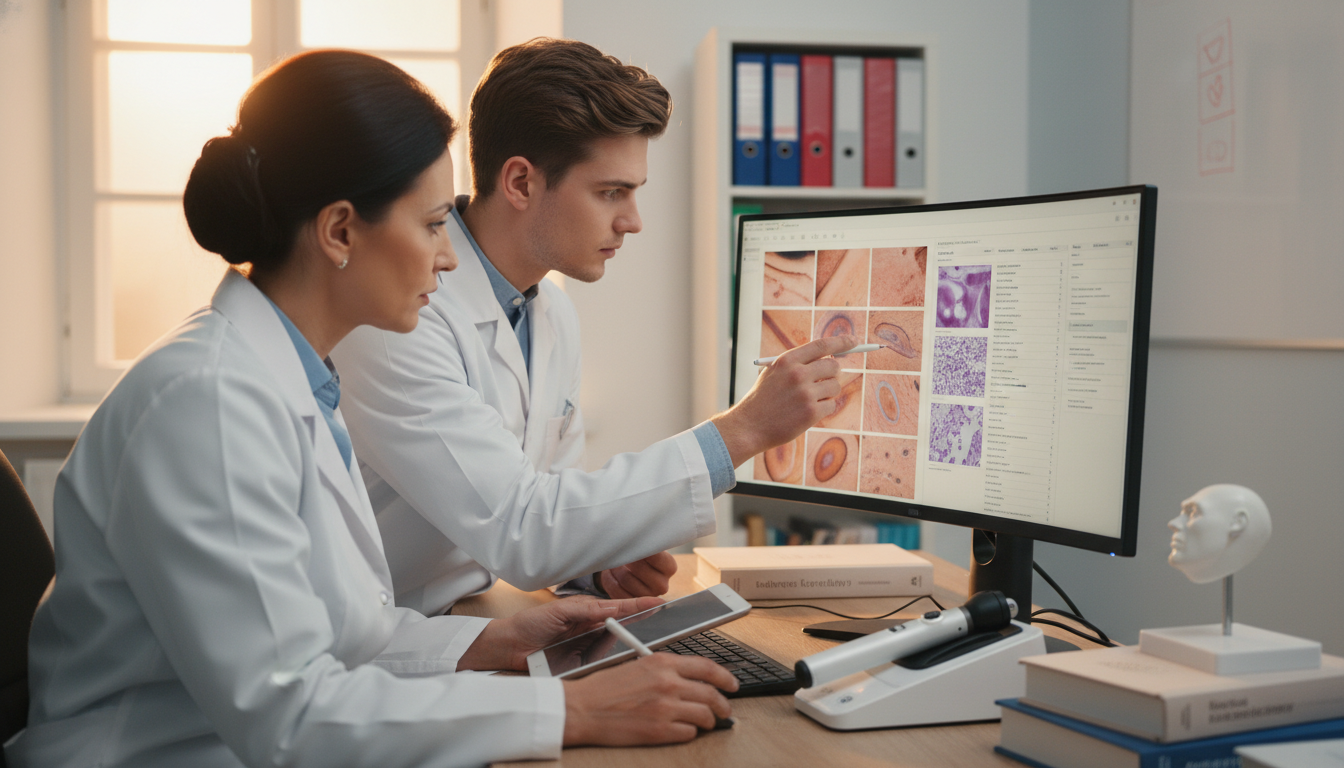 Dermatologist teaching a medical student at clinic computer Dermatologist teaching a medical student at clinic computer - dermatology residency for Medical Shadowing Experience in Derma