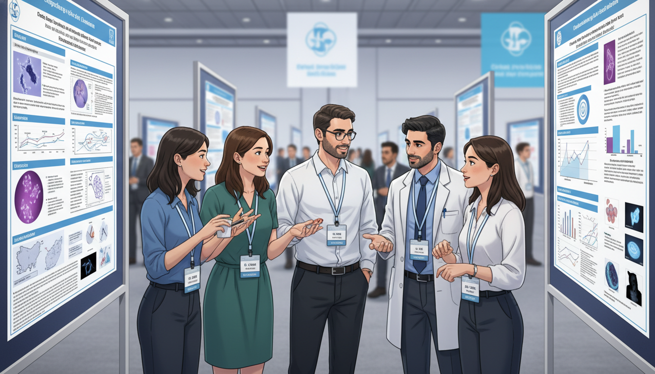 Dermatology residents chatting with faculty at a research poster session Dermatology residents chatting with faculty at a research poster session - dermatology residency for Networking in Medicine i