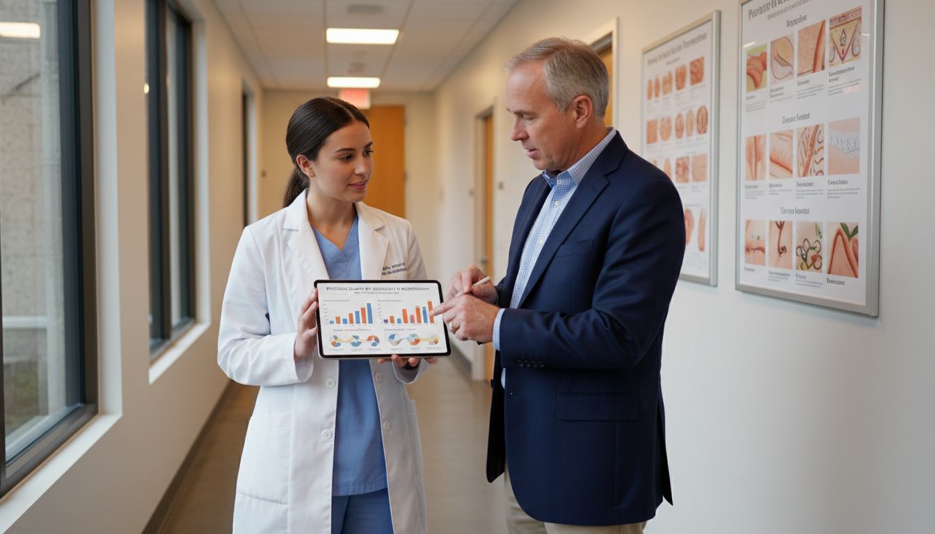 Dermatology resident discussing career paths with an attending physician - dermatology residency for Physician Salary by Spec