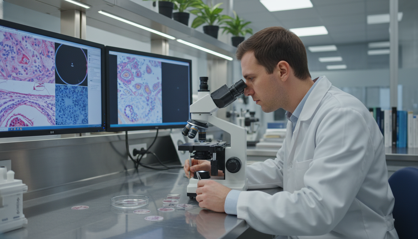 Dermatology fellow examining biopsy slides in a modern pathology lab - dermatology residency for Physician Salary by Specialt