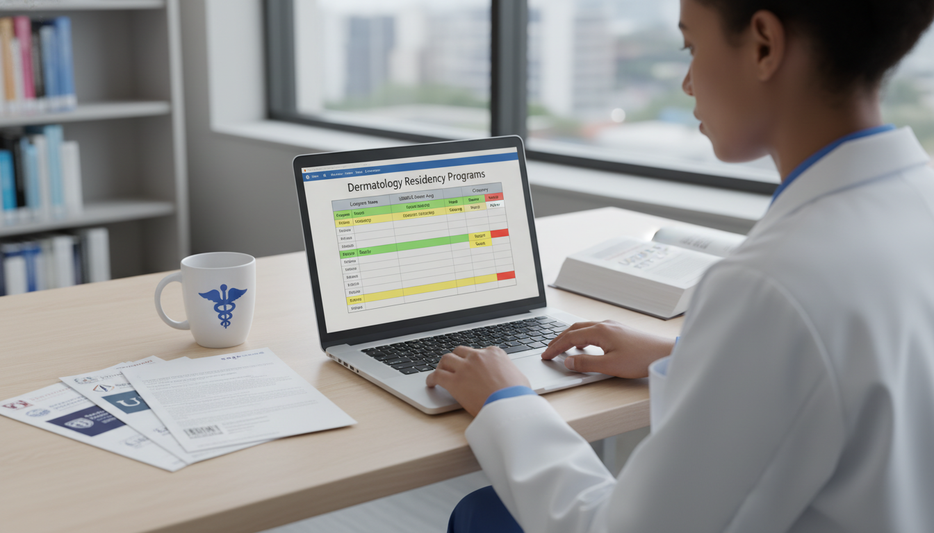 Dermatology applicant organizing residency program list on laptop - dermatology residency for Program Selection Strategy in D