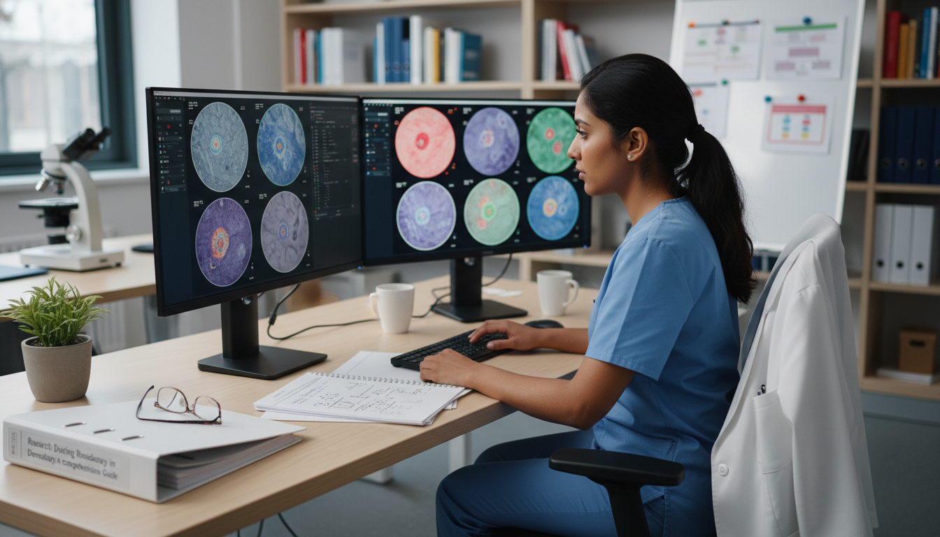 Dermatology resident examining dermatoscopic images for a research study Dermatology resident examining dermatoscopic images for a research study - dermatology residency for Research During Residenc