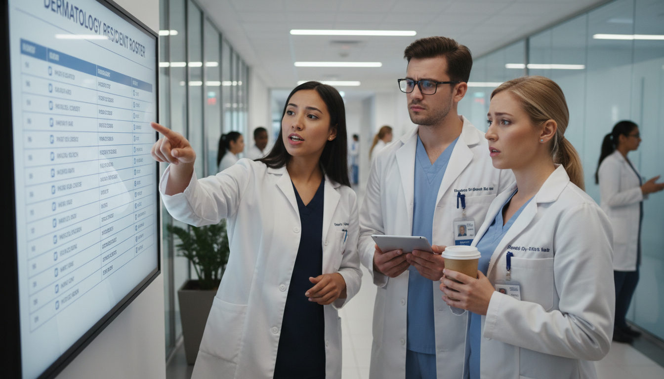 Dermatology residents reviewing program schedules and rosters Dermatology residents reviewing program schedules and rosters - dermatology residency for Resident Turnover Warning Signs in