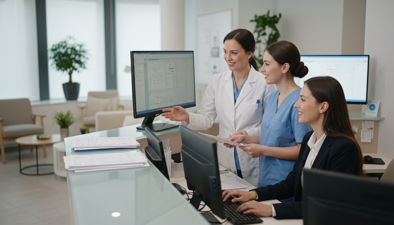 Dermatology clinic team collaborating at front desk - dermatology residency for Starting a Private Practice in Dermatology: A