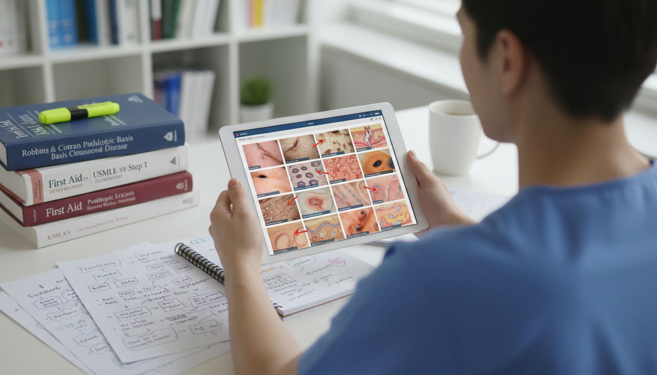 Medical student reviewing dermatology images on a tablet during USMLE Step 1 prep Medical student reviewing dermatology images on a tablet during USMLE Step 1 prep - dermatology residency for USMLE Step 1 Pr