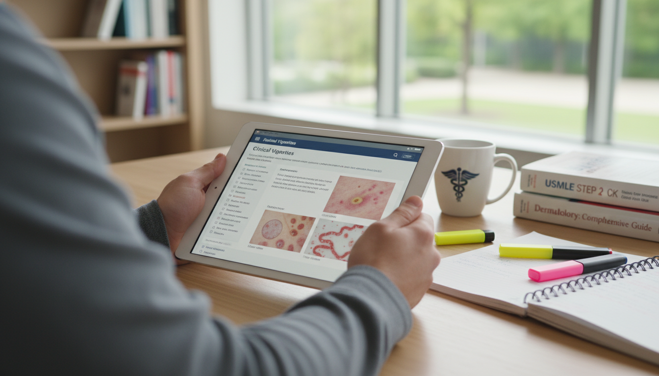 Medical student reviewing dermatology-related clinical cases for Step 2 CK Medical student reviewing dermatology-related clinical cases for Step 2 CK - dermatology residency for USMLE Step 2 CK Prepar