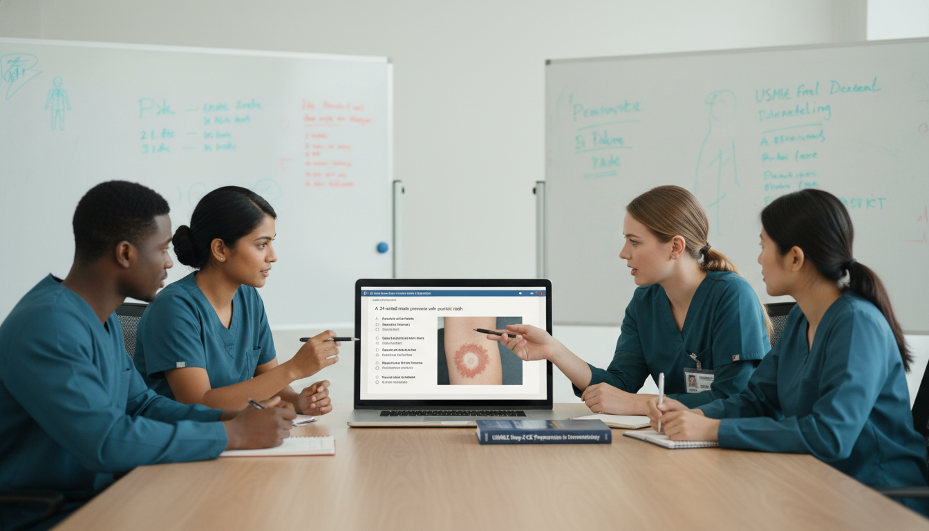 Dermatology resident reviewing USMLE practice questions with clinical team Dermatology resident reviewing USMLE practice questions with clinical team - dermatology residency for USMLE Step 2 CK Prepar