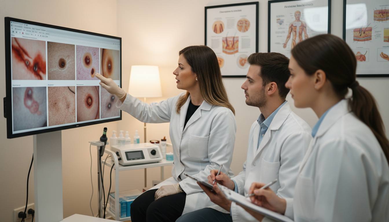 Dermatology resident teaching medical students about skin conditions - dermatology residency for Step Score Strategy in Derma