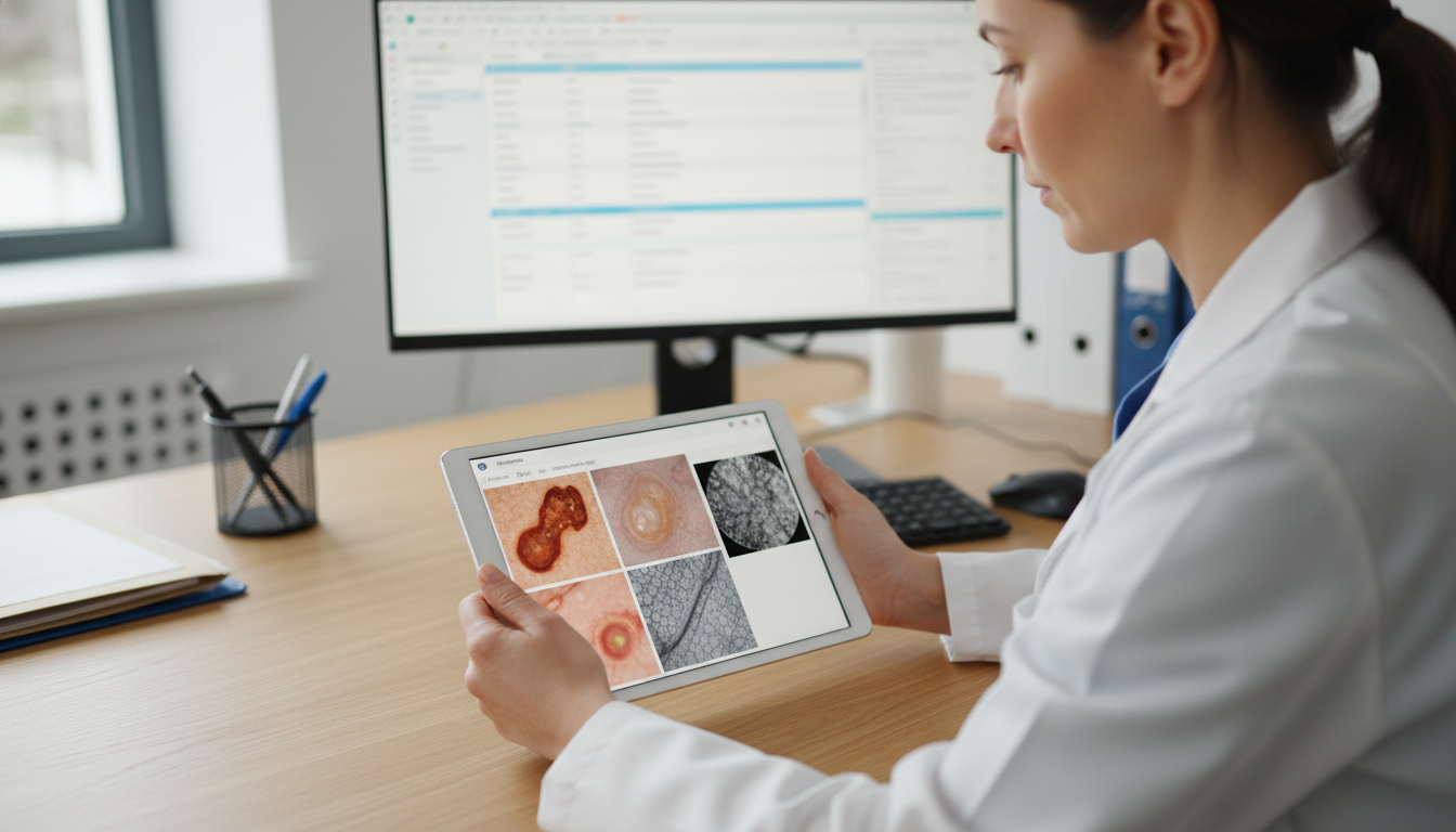 Dermatologist reviewing teledermatology images on a tablet Dermatologist reviewing teledermatology images on a tablet - dermatology residency for Telemedicine Career Opportunities in D